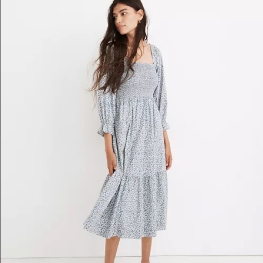 Lucie Elbow-Sleeve Smocked Midi Dress in Sunflower Field Madewell NWT XS